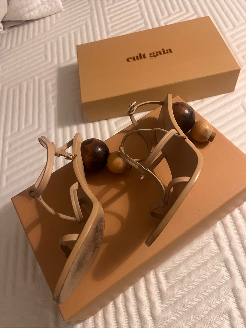 cult gaia Tan and Black Sculptural Ball-Heel T-Strap Sandals - Picture 3 of 4